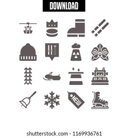 winter icon. 16 winter vector set. hand bell, ice skate, snowflake and tiremarks icons for web and design about winter theme