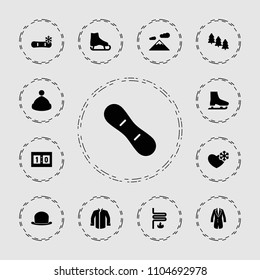 Winter icon. collection of 13 winter filled icons such as pine tree, ice skate, mountain, jacket, heating system, sport score. editable winter icons for web and mobile.