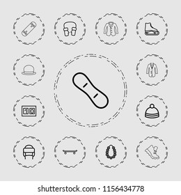 Winter icon. collection of 13 winter outline icons such as mittens, ice skate, skating, garland, sport score, snow board, hat, boot. editable winter icons for web and mobile.