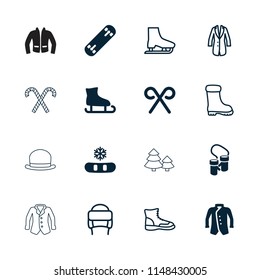 Winter icon. collection of 16 winter filled and outline icons such as jacket, snowflake, candy cane, boot, ice skating, ice skate. editable winter icons for web and mobile.