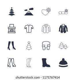 Winter icon. collection of 16 winter filled and outline icons such as woman boots, boot, mountain, jacket, mittens, fireplace. editable winter icons for web and mobile.