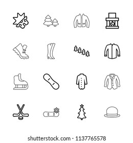 Winter icon. collection of 16 winter outline icons such as pine tree, jacket, fireplace, christmas tree, cold and hot mode, hockey. editable winter icons for web and mobile.