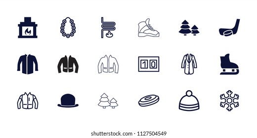 Winter icon. collection of 18 winter filled and outline icons such as jacket, fireplace, hockey stick and puck, hockey puck, garland. editable winter icons for web and mobile.