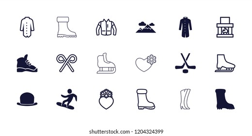 Winter icon. collection of 18 winter filled and outline icons such as boot, snowboard, hockey, jacket, fireplace, heart frozen. editable winter icons for web and mobile.