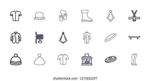 Winter icon. collection of 18 winter outline icons such as jacket, hockey puck, christmas tree, skating, fireplace, heating system. editable winter icons for web and mobile.