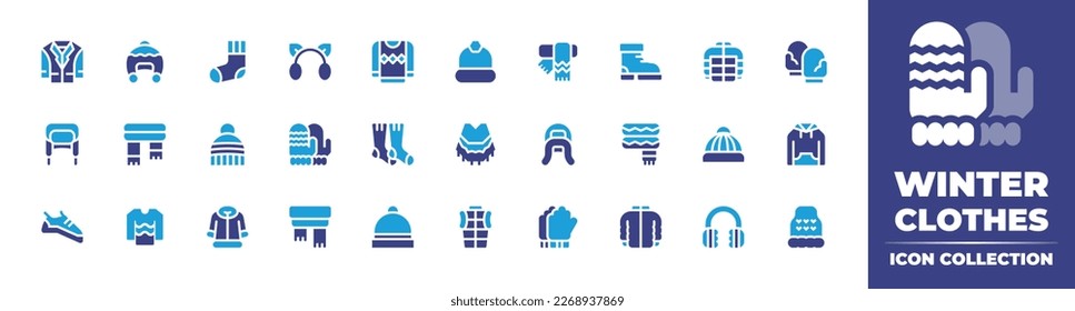Winter icon collection. Duotone color. Vector illustration. Containing jacket, beanie, socks, earmuffs, sweater, winter hat, scarf, boots, winter jacket, mitten, winter gloves, poncho, hat, hoodie.