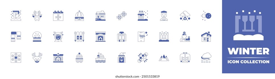 Winter icon collection. Duotone style line stroke and bold. Vector illustration. Containing iceskate, snowboard, jacket, mountain, house, boy, hail, snowball, travel, chimneytop, swing.