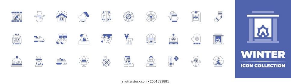 Winter icon collection. Duotone style line stroke and bold. Vector illustration. Containing beanie, cold, gloves, snowflake, snowball, sweatshirt, mitten, snowman, sock, fireplace, sweater.