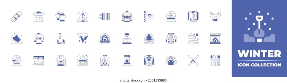 Icono de invierno colección. Estilo duotono trazo de línea y negrita. Ilustración vectorial. Contiene chimenea, ciervo, pinetree, chaqueta, impermeable, señal, bola de cristal, iglú, nieve, esquí, esquís.