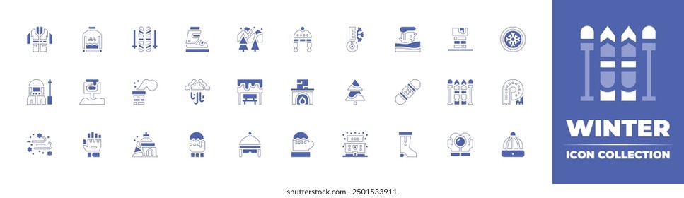 Winter icon collection. Duotone style line stroke and bold. Vector illustration. Containing boot, jacket, ski, blizzard, sign, sweater, gloves, mittens, skiing, chimney, bank.