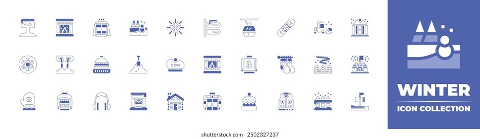 Winter icon collection. Duotone style line stroke and bold. Vector illustration. Containing jacket, beanie, sweater, fireplace, knitting, cablecar, northernlights, snowboard, loader, signals, fence.