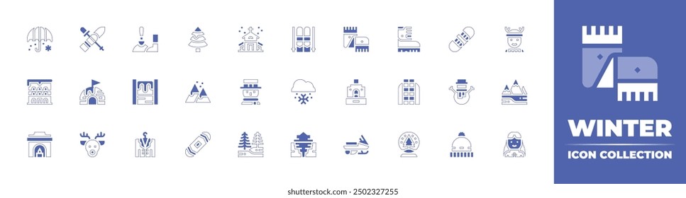 Icono de invierno colección. Estilo duotono trazo de línea y negrita. Ilustración vectorial. Contiene pala, esquís, iglú, edificio, cascada, chaqueta, tabla de snowboard, ciervo, pino, chimenea, paraguas, montaña.