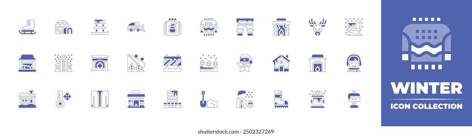 Winter icon collection. Duotone style line stroke and bold. Vector illustration. Containing cardigan, igloo, cold, iceskate, church, fireplace, snowy, avalanche, house, snowplow.