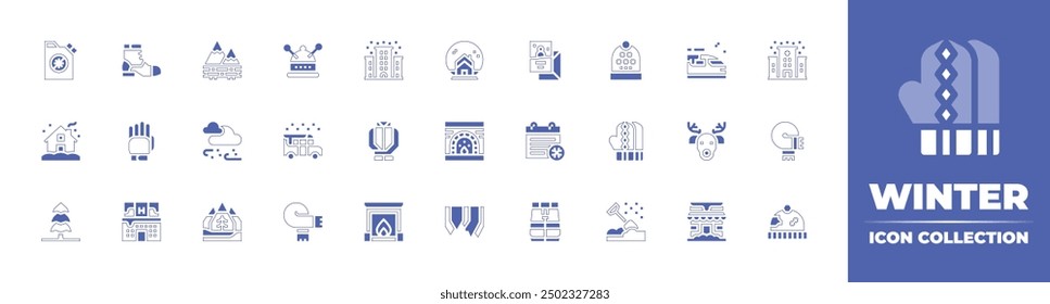 Winter icon collection. Duotone style line stroke and bold. Vector illustration. Containing shop, pants, beanie, shovel, mittens, rudolf, hospital, scarf, calendar, card, highspeedtrain.