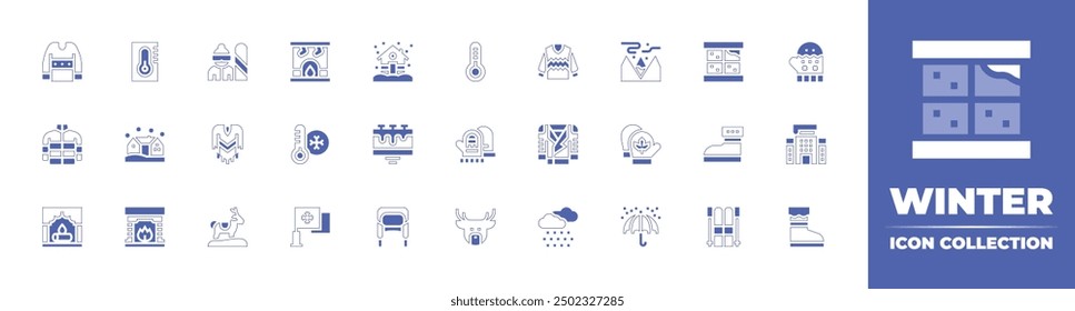 Winter icon collection. Duotone style line stroke and bold. Vector illustration. Containing jacket, reindeer, thermometer, house, sweater, flag, fireplace, poncho, cold, snowboarder.