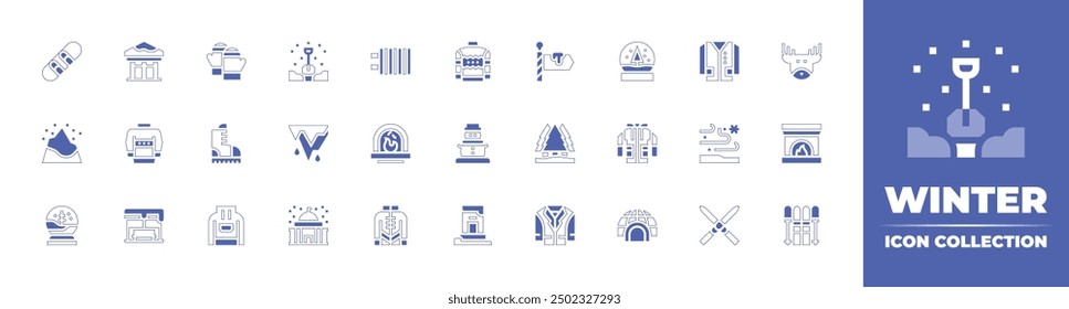 Icono de invierno colección. Estilo duotono trazo de línea y negrita. Ilustración vectorial. Contiene chimenea, ciervo, pinetree, chaqueta, impermeable, señal, bola de cristal, iglú, nieve, esquí, esquís.