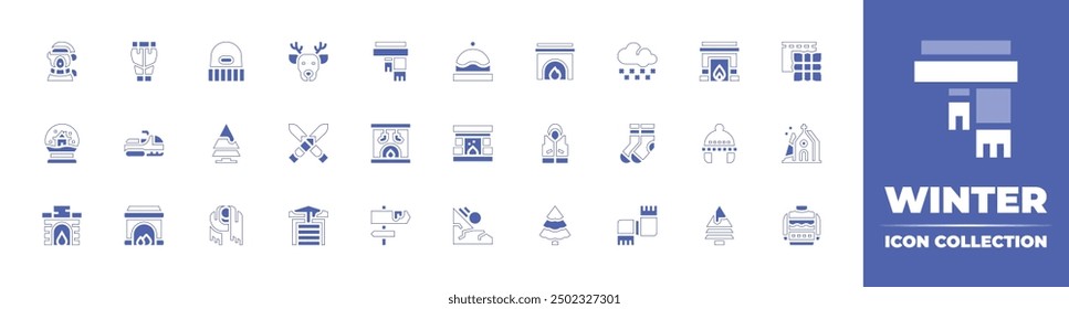 Winter icon collection. Duotone style line stroke and bold. Vector illustration. Containing ski, beanie, trousers, scarf, reindeer, polarbear, tree, snowball, fireplace, snowmobile, garage.