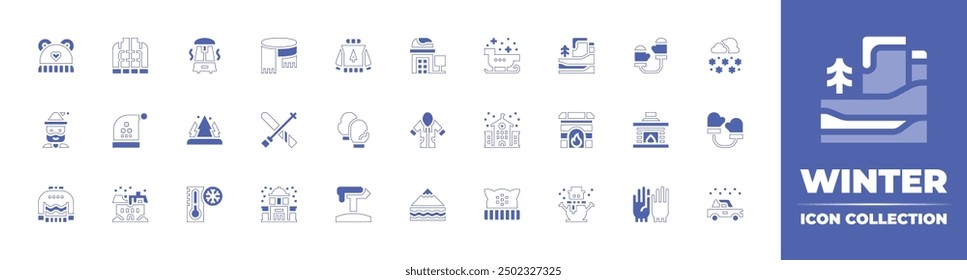 Winter icon collection. Duotone style line stroke and bold. Vector illustration. Containing skiing, heater, mall, coat, scarf, beanie, man, babyhat, sweater, house, forest, coldtemperature.