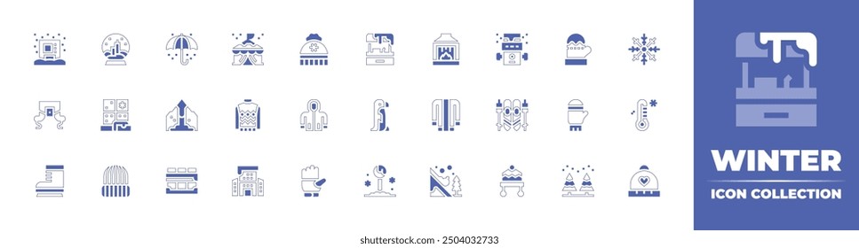 Winter icon collection. Duotone style line stroke and bold. Vector illustration. Containing winterhat, iceskate, fence, avalanche, umbrella, snowball, window, vendingmachine.