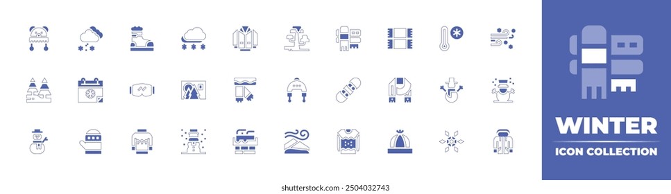 Winter icon collection. Duotone style line stroke and bold. Vector illustration. Containing winterhat, snow, boots, mitten, glasses, sweater, calendar, snowman, forest, snowflake, card.