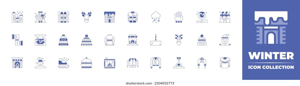 Winter icon collection. Duotone style line stroke and bold. Vector illustration. Containing winterhat, jacket, skigloves, snowing, sweater, pole, roadsign, reindeer, gingerbreadman, shovel, stadium.