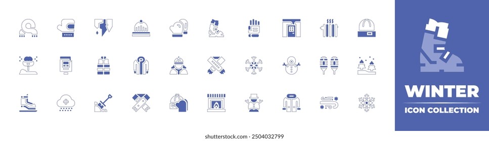 Winter icon collection. Duotone style line stroke and bold. Vector illustration. Containing vest, stalactite, scarf, forest, snowfall, mitten, iceskate, parkingmeter, coat, shovel, beanie.