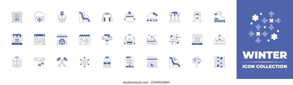 Winter icon collection. Duotone style line stroke and bold. Vector illustration. Containing winter, snowavalanche, fireplace, raincoat, calendar, igloo, cloud, phonebooth.