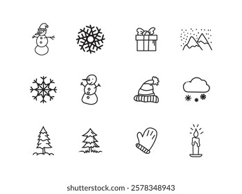 winter icon collection in line hand drawn style