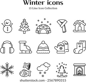 Winter icon collection, snow, snowman, igloo, scarf, wood, fireplace