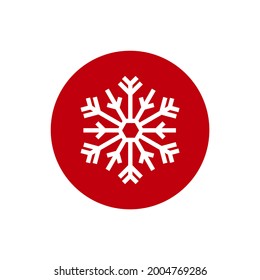 Icono de invierno con copo de nieve blanco plano en círculo rojo. Pictograma de Año Nuevo. Ilustración vectorial. Señal de Navidad o invierno. Etiqueta fría o helada.  , etiqueta. 