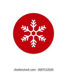 Wintersymbol mit flacher weißer Schneeflocke im roten Kreis. Piktogramm fürs neue Jahr. Vektorgrafik. Weihnachten- oder Winterzeichen. Kaltes oder Frostetikett.  Button, Label. 