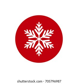 Winter icon with flat white snowflake in red circle. New Year pictogram. Vector illustration. Christmas clip art. Web button. Christmas label. 
