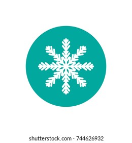 Winter icon with flat white snowflake in blue circle. New Year pictogram. Vector illustration. Christmas clip art. Web button. Christmas label. 
