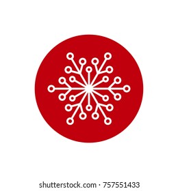 Winter icon with flat white snowflake in red circle. New Year pictogram. Vector illustration. Christmas clip art. Web button. Christmas label. 