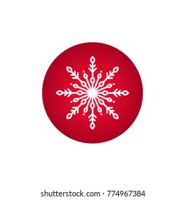Winter icon with flat white snowflake in red circle. New Year pictogram. Vector illustration. Christmas clip art. Web button,  label. 