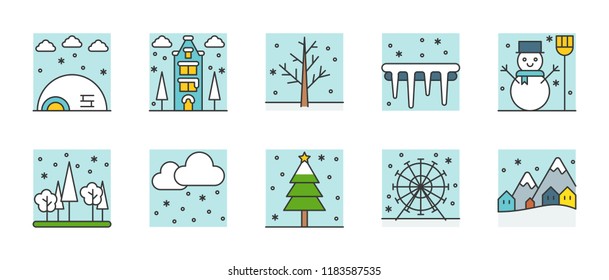 winter icon landscape day scene with snow falling, such as village and mountain, igloo, ferris wheel, Christmas tree, editable stroke