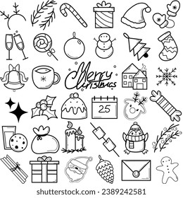 paquete de iconos de invierno con diferentes navidades como comida, regalos, bebidas, chispas, animales