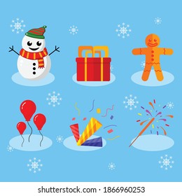 Winter Icon Pack. Snowman, Cookie Man, Gifts, Balloons, Fireworks, Trumpet. Flat Style Vector