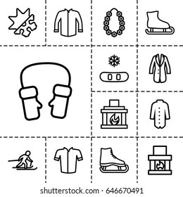 Winter icon. set of 13 outline wintericons such as jacket, mittens, garland, fireplace, cold and hote mode, skiing, ice skating, ice skate
