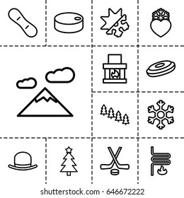 Winter icon. set of 13 outline winter icons such as pine tree, hat, heart frozen, snowflake, heating system, cold and hockey, hockey puck, snow board, christmas tree