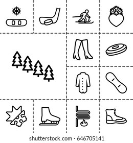 Winter icon. set of 13 outline wintericons such as pine tree, woman boots, jacket, heart frozen, heating system, cold and hote mode, skiing, hockey stick and puck, snow board
