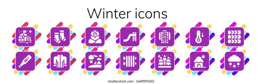 winter icon set. 14 filled winter icons.  Simple modern icons such as: Igloo, Thermometer, Socks, Jacket, Troglodyte, Sky, Toboggan, Radiator, Spruce, Temperature, Cabin, Tires