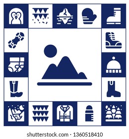 winter icon set. 17 filled winter icons.  Collection Of - Penguin, Snowboard, Socks, Mountain, Boots, Beanie, Boot, Glacier, Garland, Garlands, Iceberg, Coat, Mitten, Feeder, Spruce
