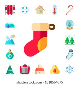 Winter Icon Set. 17 Flat Winter Icons. Included Ski, Chalet, Mountain, Christmas Sock, Bauble, Snow Globe, Pine, Sock, Christmas Tree, Snowflake, Jacket, Fireplace, Winter Hat Icons