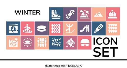  winter icon set. 19 filled winter icons. Simple modern icons about  - Boots, Bungee jumping, Glacier, Puck, Ski, Garland, Iceberg, Goggles, Snowboard, Tires, Skiing, Toboggan