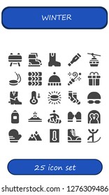  winter icon set. 25 filled winter icons. Simple modern icons about  - Buck, Boots, Boot, Thermometer, Cableway, Puck, Tires, Beanie, Blower, Gift box, Temperature, Socks, Goggles