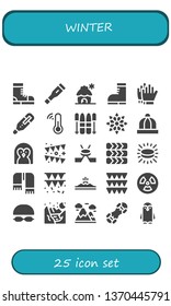 winter icon set. 25 filled winter icons.  Collection Of - Boots, Thermometer, Cabin, Football gloves, Ski, Snowflake, Baby hat, Penguin, Garland, Hockey, Tires, Puck, Scarf, Mountain