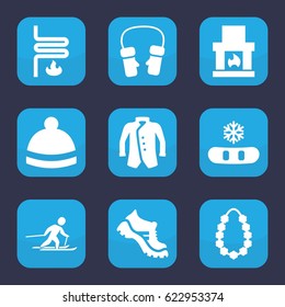 Winter icon. set of 9 filled winter icons such as boot, winter hat, mittens, jacket, garland, heating system, skiing, snowflake