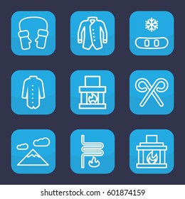 winter icon. Set of 9 outline winter icons such as mittens, jacket, candy cane, fireplace, heating system, mountain