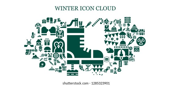  winter icon set. 93 filled winter icons. Simple modern icons about  - Boots, Scarf, Toboggan, Thermometer, Candy cane, Skiing, Garland, Socks, North pole, Temperature, Sock, Gift box